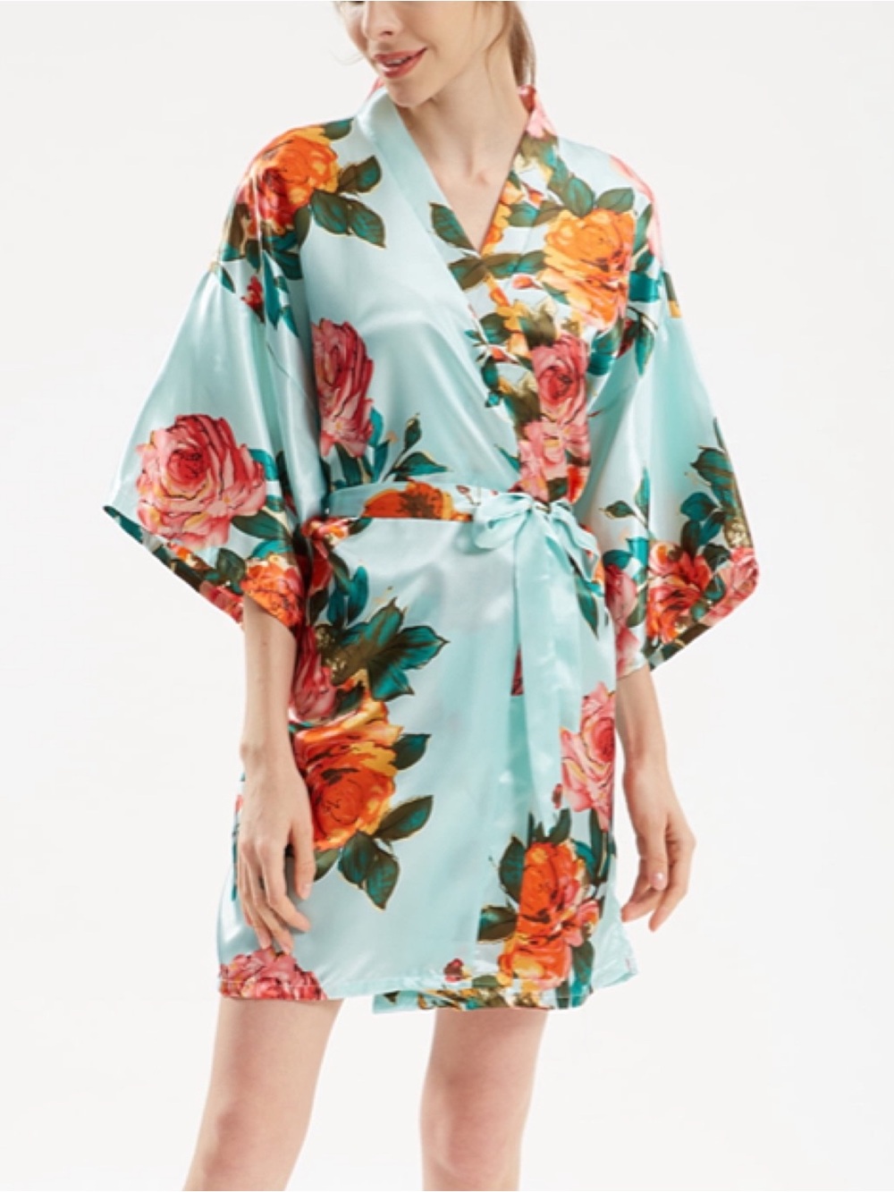 Floral Satin Kimono Robe in Aqua with Orange Rose Print - NIP
